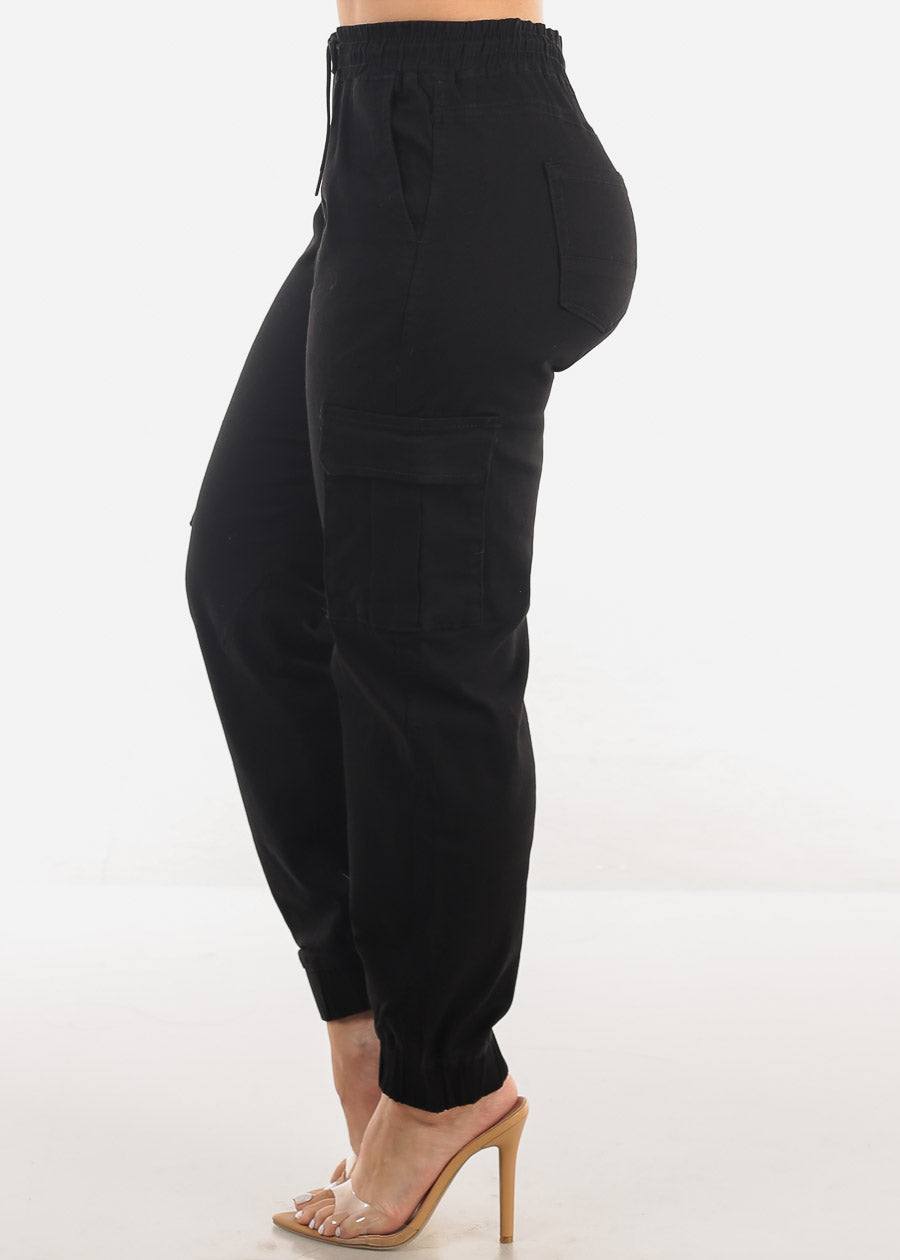 Black High Waist Hyper Stretch Cuffed Cargo Jogger Pants