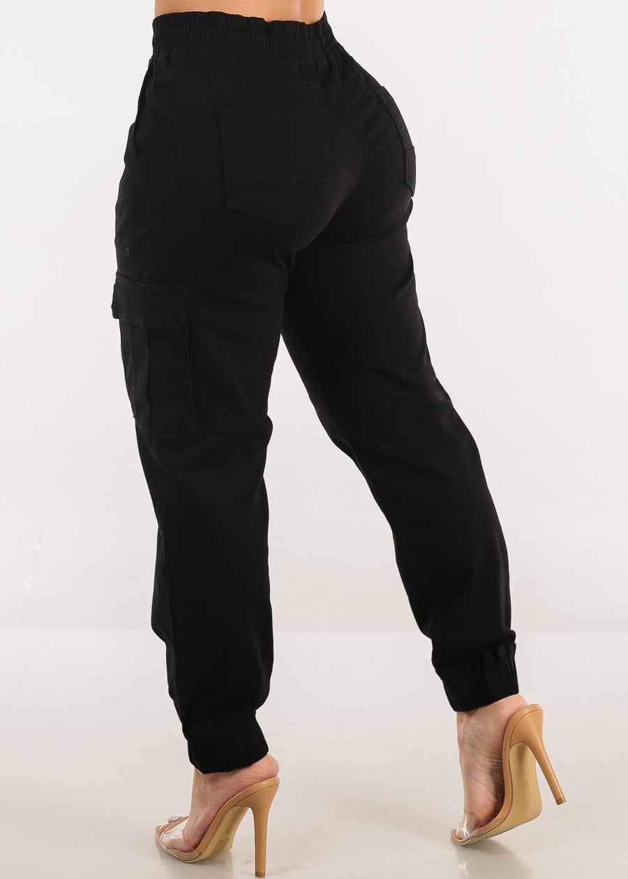 Black High Waist Hyper Stretch Cuffed Cargo Jogger Pants