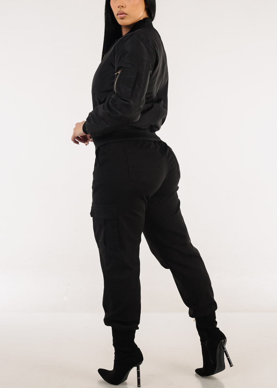 Black High Waist Hyper Stretch Cuffed Cargo Jogger Pants