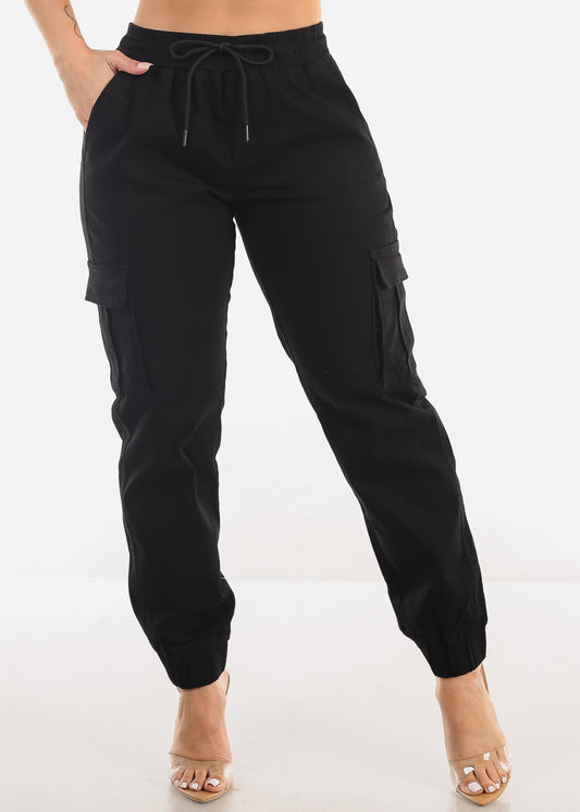 Black High Waist Hyper Stretch Cuffed Cargo Jogger Pants