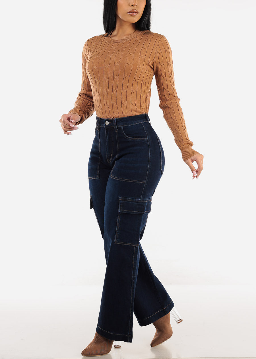 Butt Lift Straight Wide Leg Cargo Jeans Dark Blue