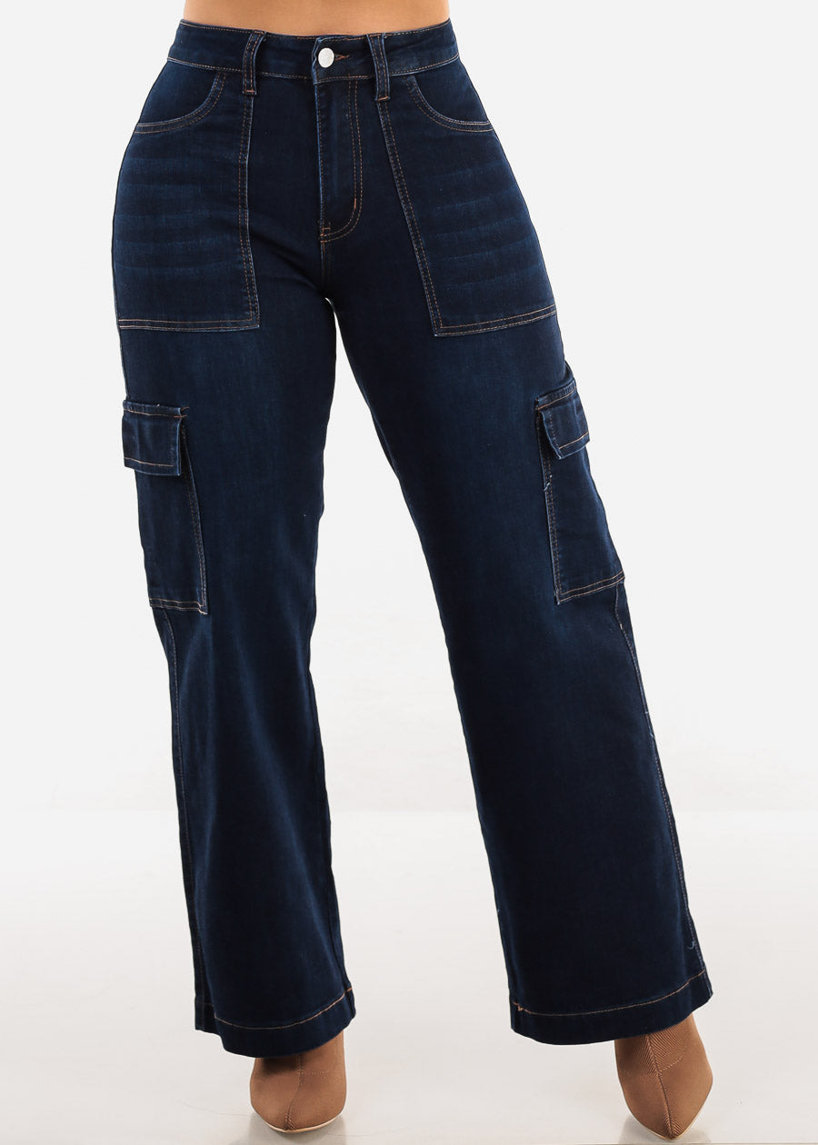 Butt Lift Straight Wide Leg Cargo Jeans Dark Blue