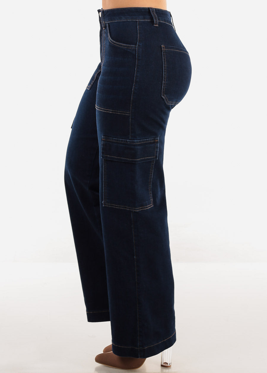 Butt Lift Straight Wide Leg Cargo Jeans Dark Blue