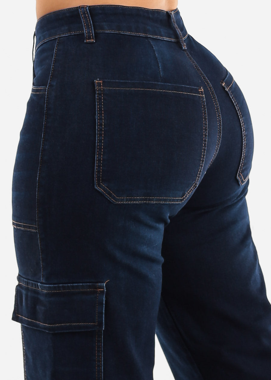 Butt Lift Straight Wide Leg Cargo Jeans Dark Blue