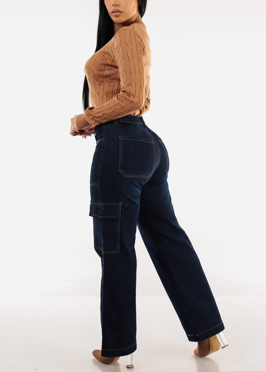 Butt Lift Straight Wide Leg Cargo Jeans Dark Blue