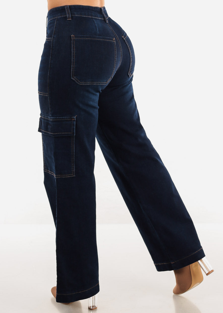 Butt Lift Straight Wide Leg Cargo Jeans Dark Blue