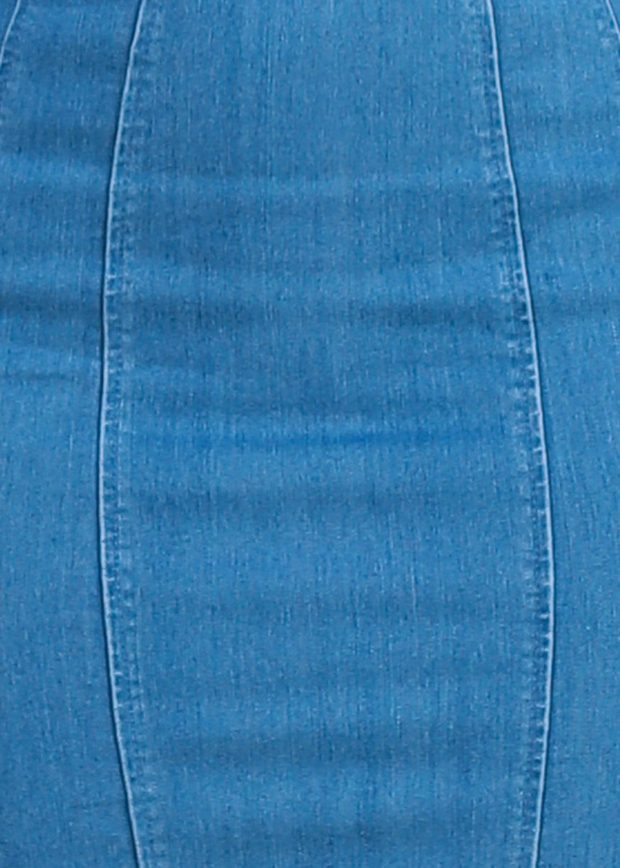 High Waisted Stretch Denim Pencil Skirt Med Blue