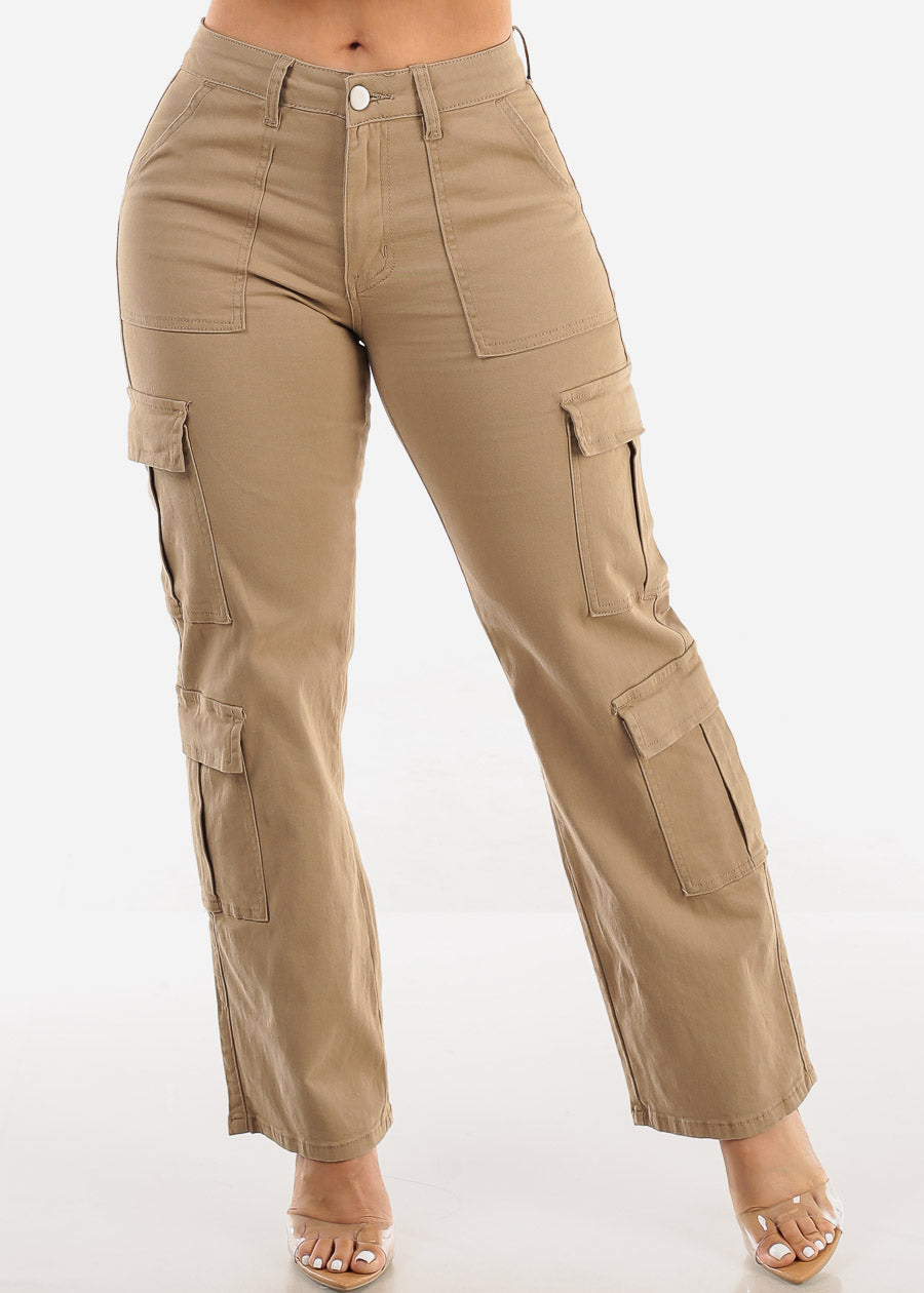 Butt Lift Mid Rise Straight Wide Leg Cargo Pants Khaki