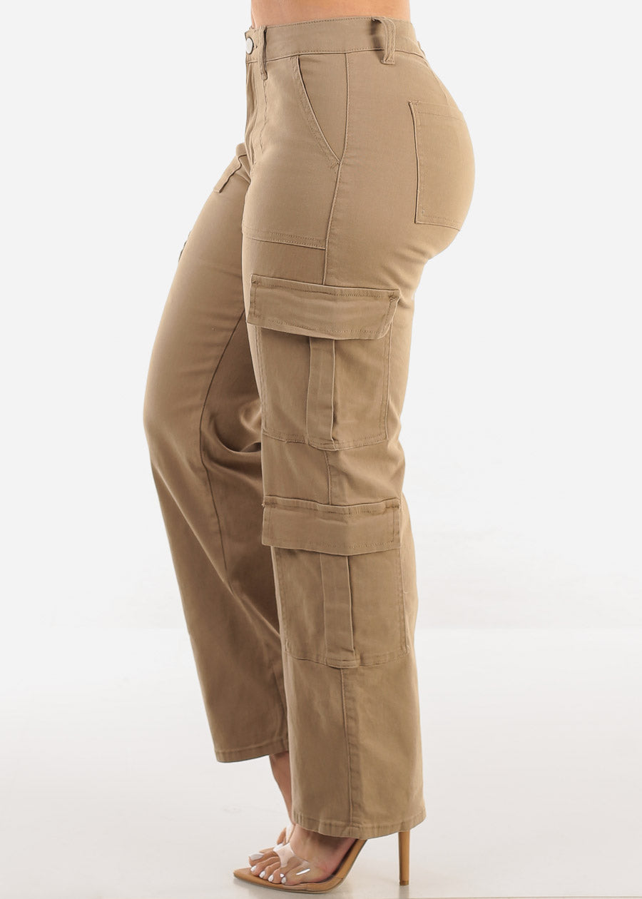 Butt Lift Mid Rise Straight Wide Leg Cargo Pants Khaki