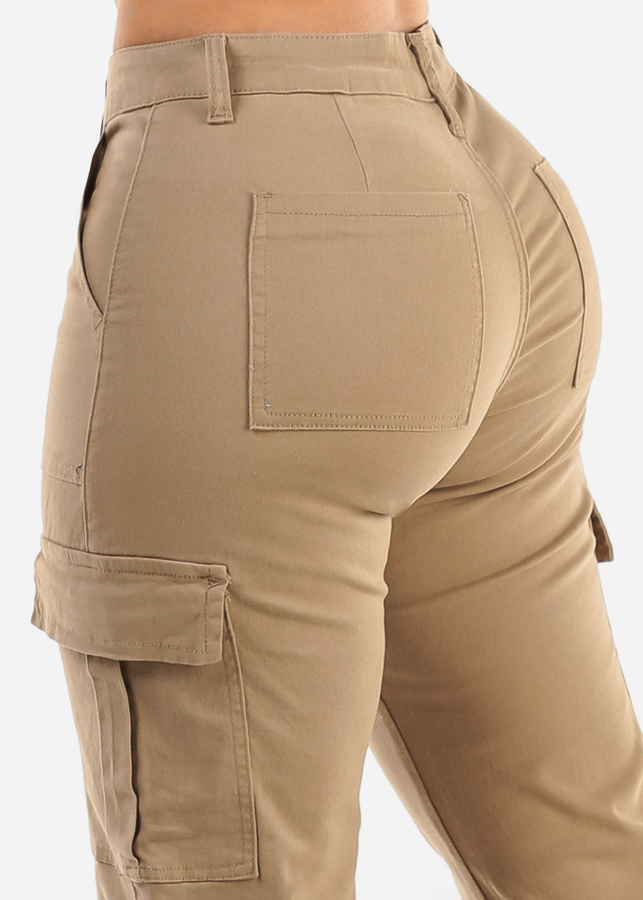 Butt Lift Mid Rise Straight Wide Leg Cargo Pants Khaki