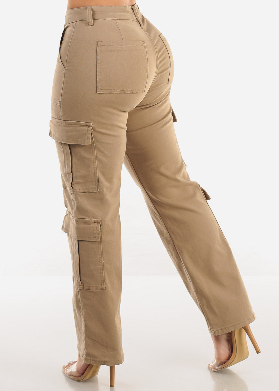 Butt Lift Mid Rise Straight Wide Leg Cargo Pants Khaki