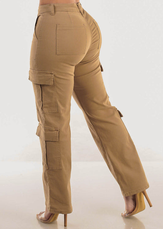 Butt Lift Mid Rise Straight Wide Leg Cargo Pants Khaki