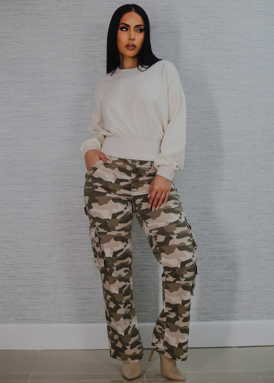 Butt Lift Straight Wide Leg Camo Cargo Jeans