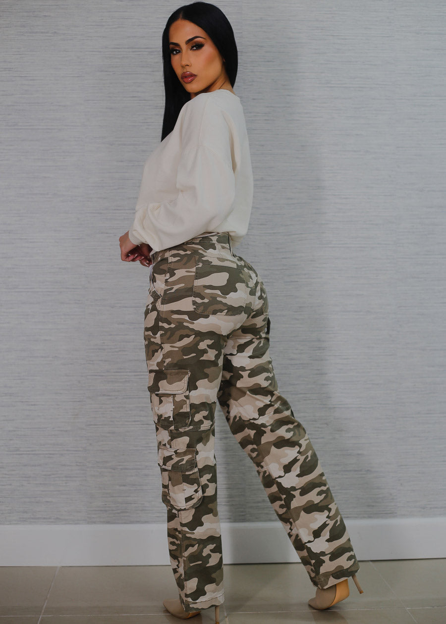 Butt Lift Straight Wide Leg Camo Cargo Jeans