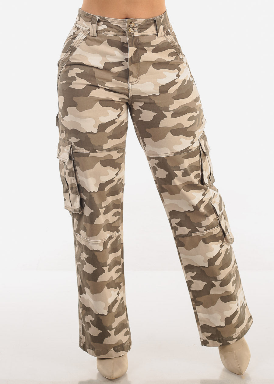 Butt Lift Straight Wide Leg Camo Cargo Jeans