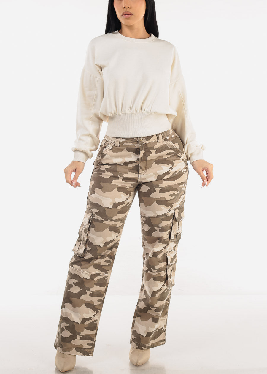 Butt Lift Straight Wide Leg Camo Cargo Jeans