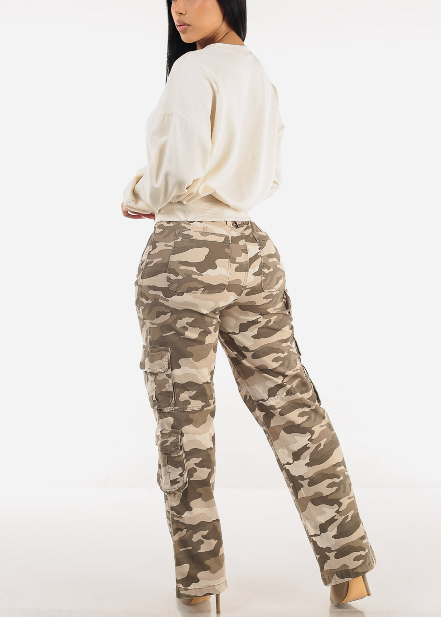 Butt Lift Straight Wide Leg Camo Cargo Jeans