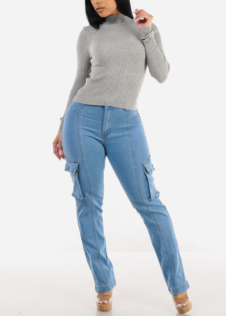 Butt Lift High Waist Straight Cargo Jeans Light Blue