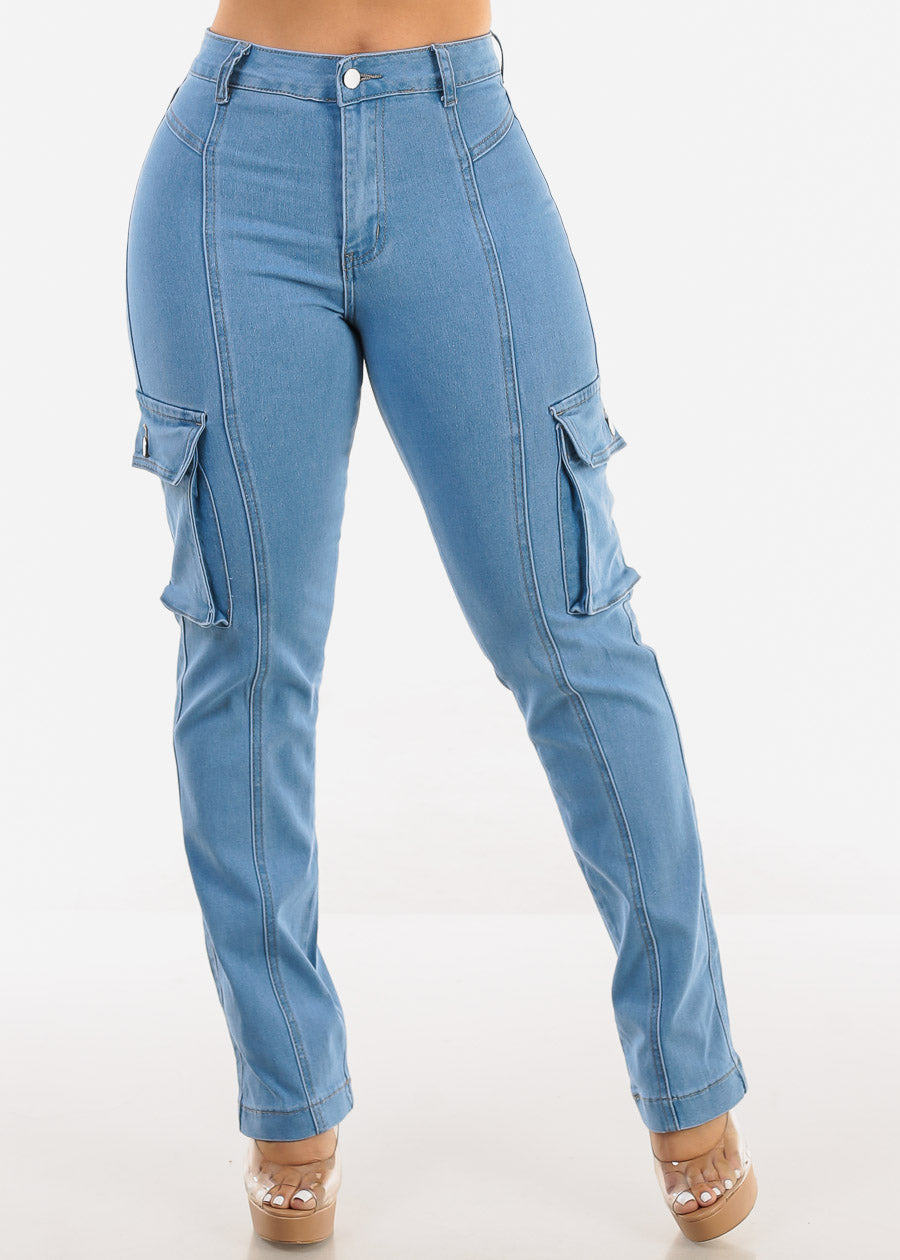 Butt Lift High Waist Straight Cargo Jeans Light Blue