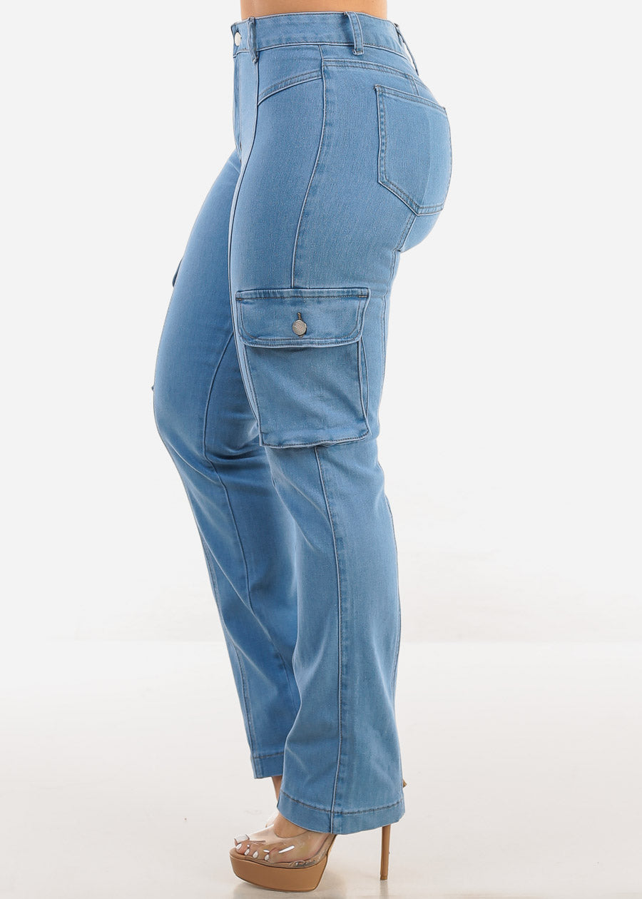 Butt Lift High Waist Straight Cargo Jeans Light Blue