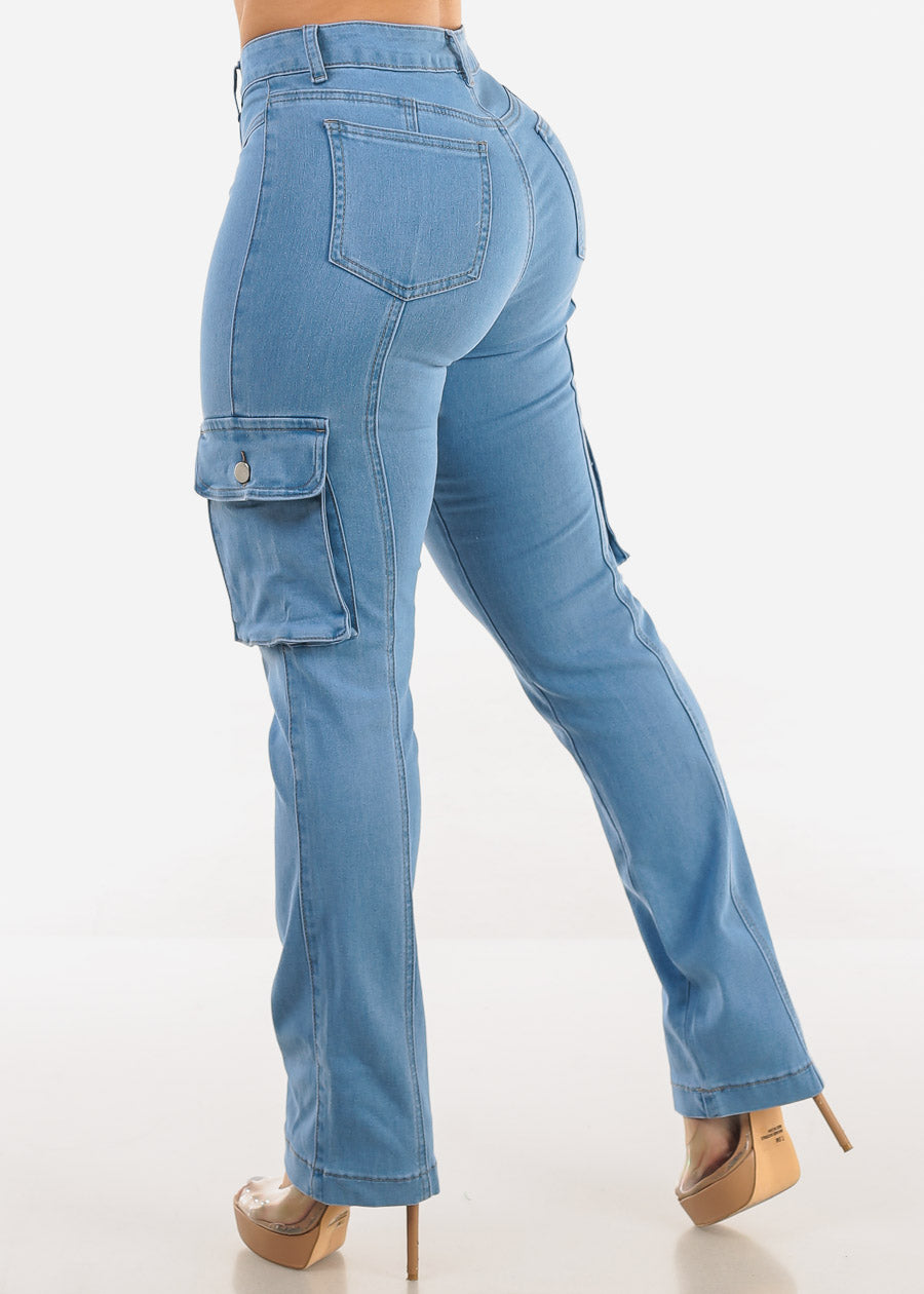 Butt Lift High Waist Straight Cargo Jeans Light Blue