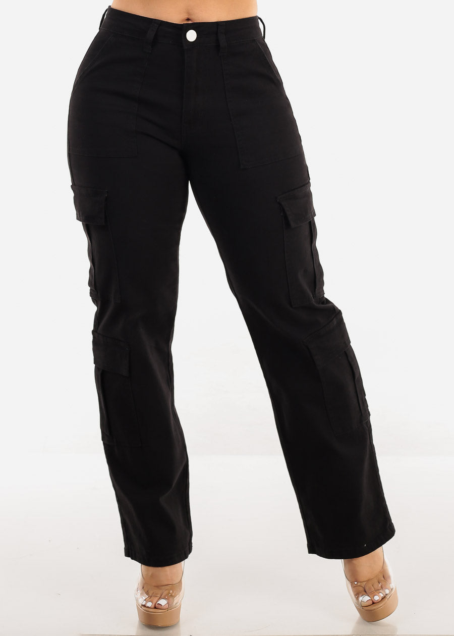 Butt Lift Mid Rise Straight Wide Leg Cargo Pants Black