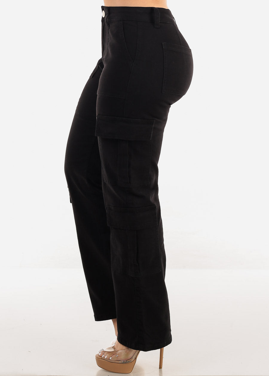 Butt Lift Mid Rise Straight Wide Leg Cargo Pants Black