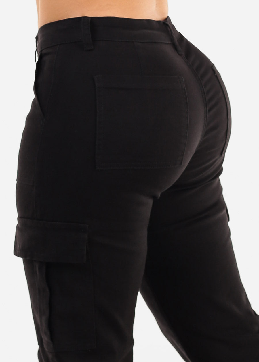 Butt Lift Mid Rise Straight Wide Leg Cargo Pants Black