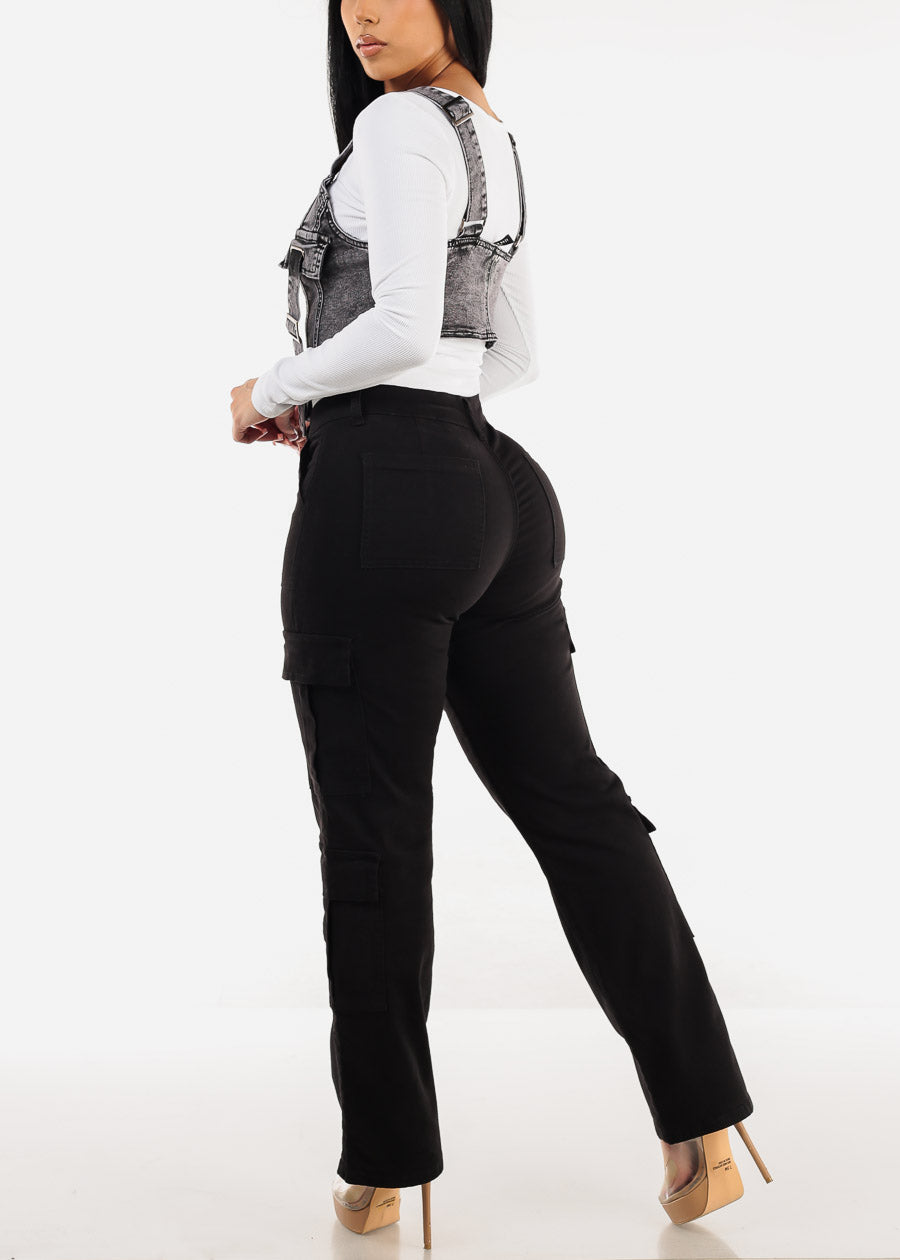 Butt Lift Mid Rise Straight Wide Leg Cargo Pants Black