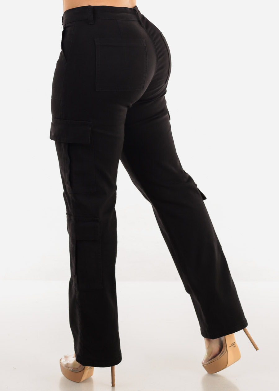 Butt Lift Mid Rise Straight Wide Leg Cargo Pants Black