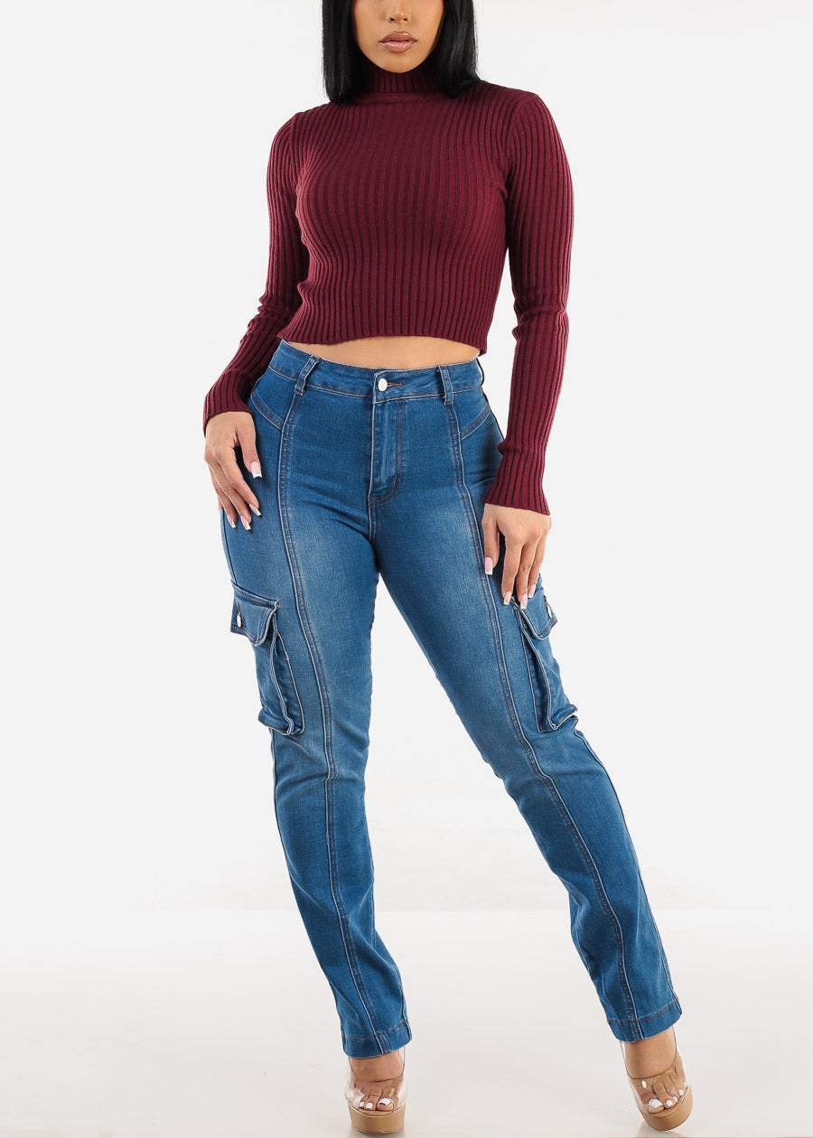 Butt Lift High Waist Straight Cargo Jeans Med Blue