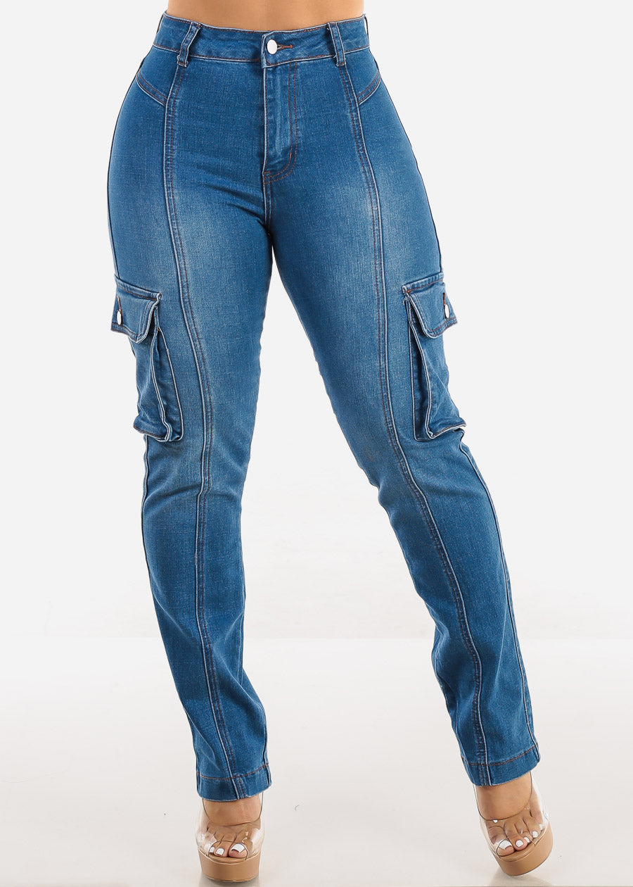 Butt Lift High Waist Straight Cargo Jeans Med Blue