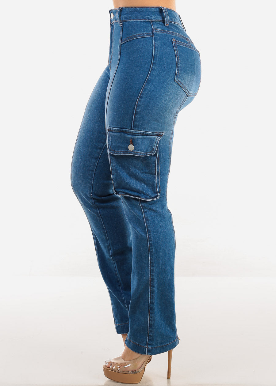 Butt Lift High Waist Straight Cargo Jeans Med Blue