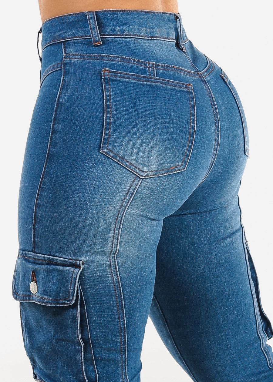 Butt Lift High Waist Straight Cargo Jeans Med Blue