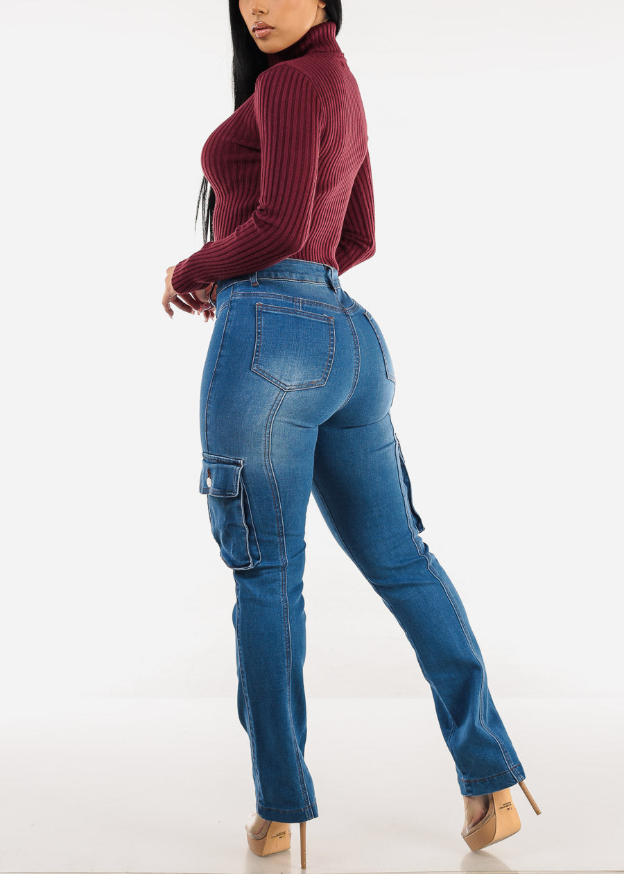 Butt Lift High Waist Straight Cargo Jeans Med Blue