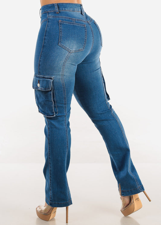 Butt Lift High Waist Straight Cargo Jeans Med Blue