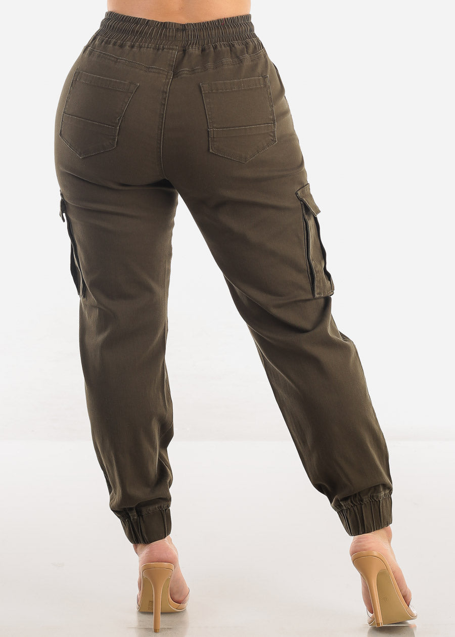 High Waist Hyper Stretch Cuffed Cargo Jogger Pants Olive