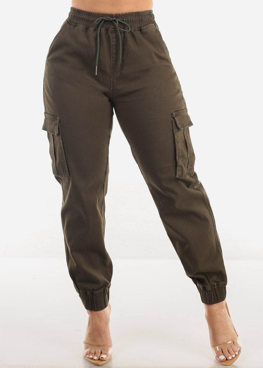 High Waist Hyper Stretch Cuffed Cargo Jogger Pants Olive