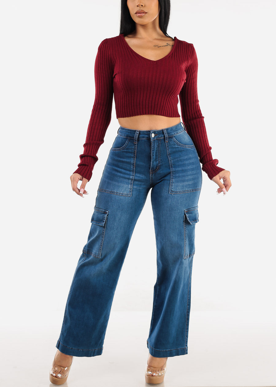 Butt Lift Straight Wide Leg Cargo Jeans Indigo