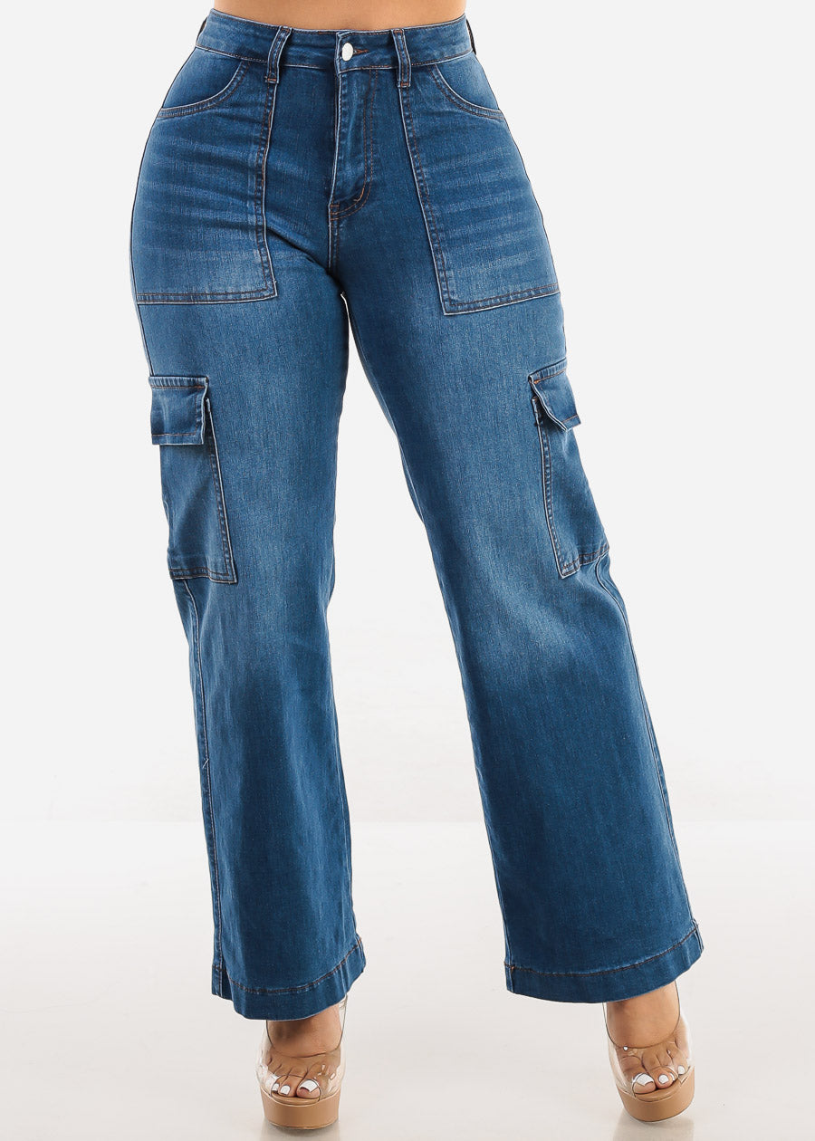 Butt Lift Straight Wide Leg Cargo Jeans Indigo