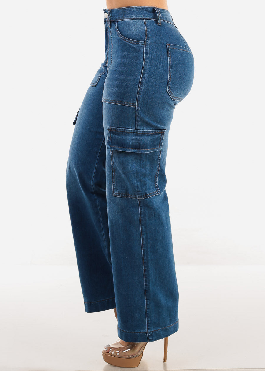 Butt Lift Straight Wide Leg Cargo Jeans Indigo