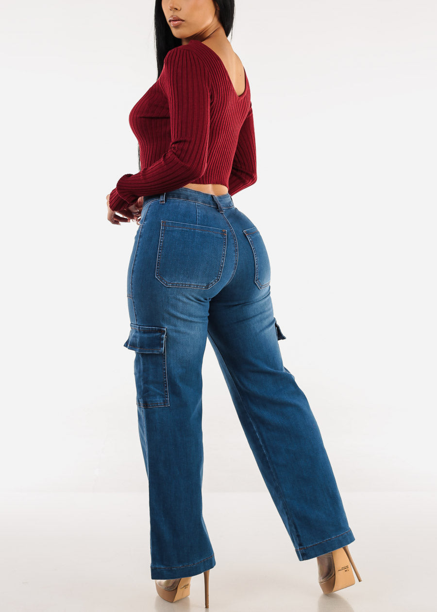 Butt Lift Straight Wide Leg Cargo Jeans Indigo