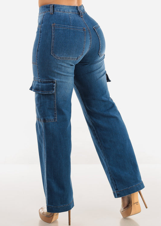 Butt Lift Straight Wide Leg Cargo Jeans Indigo