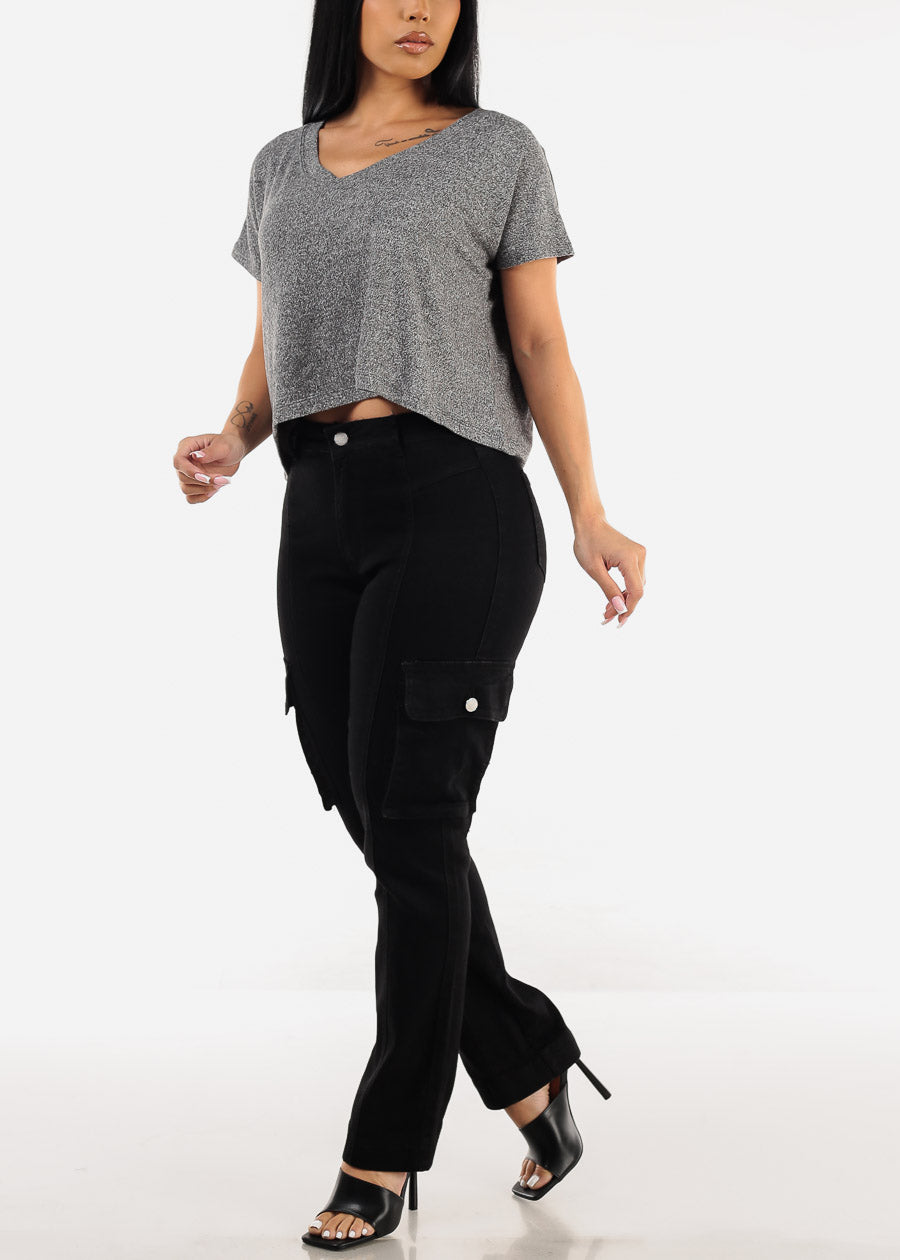 Butt Lift High Waist Straight Cargo Jeans Black