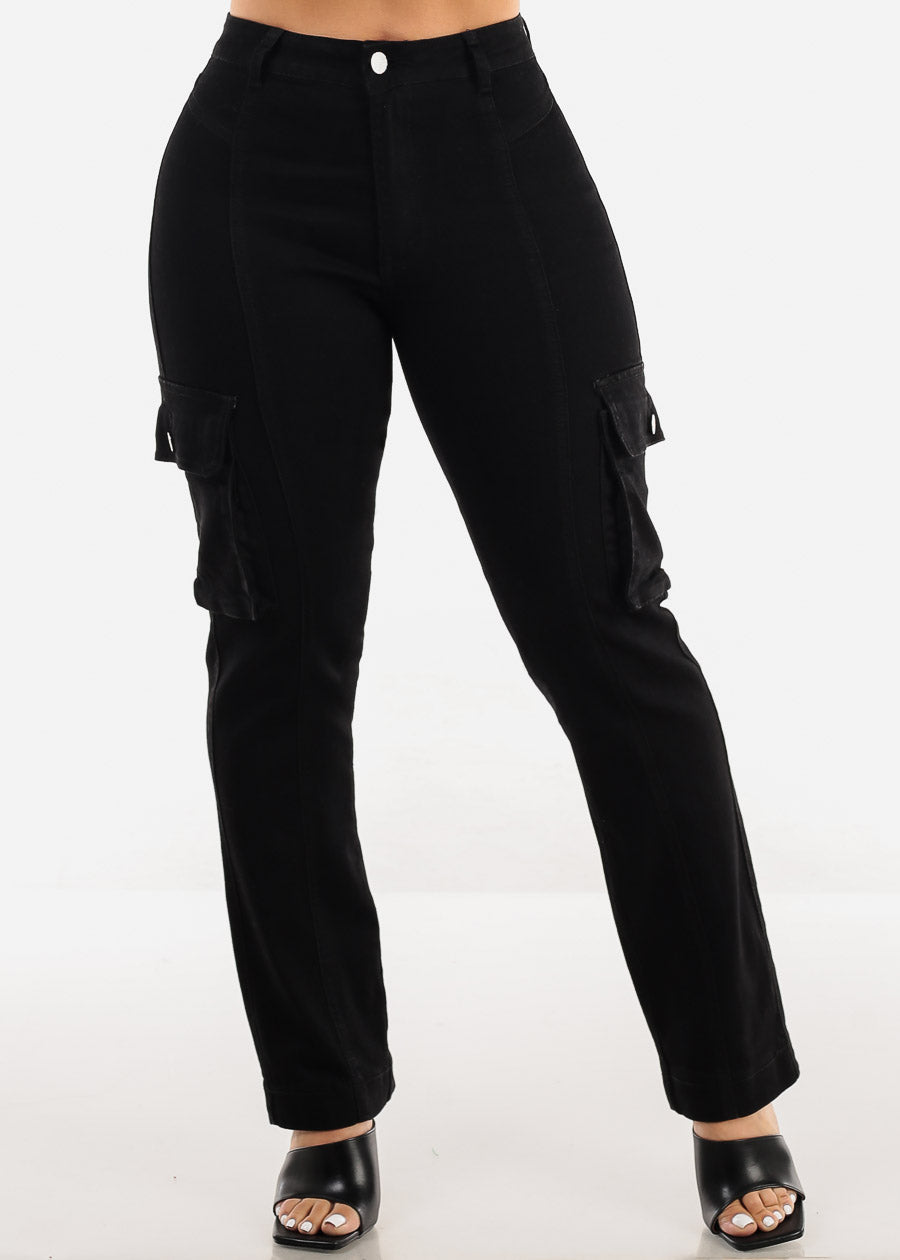 Butt Lift High Waist Straight Cargo Jeans Black