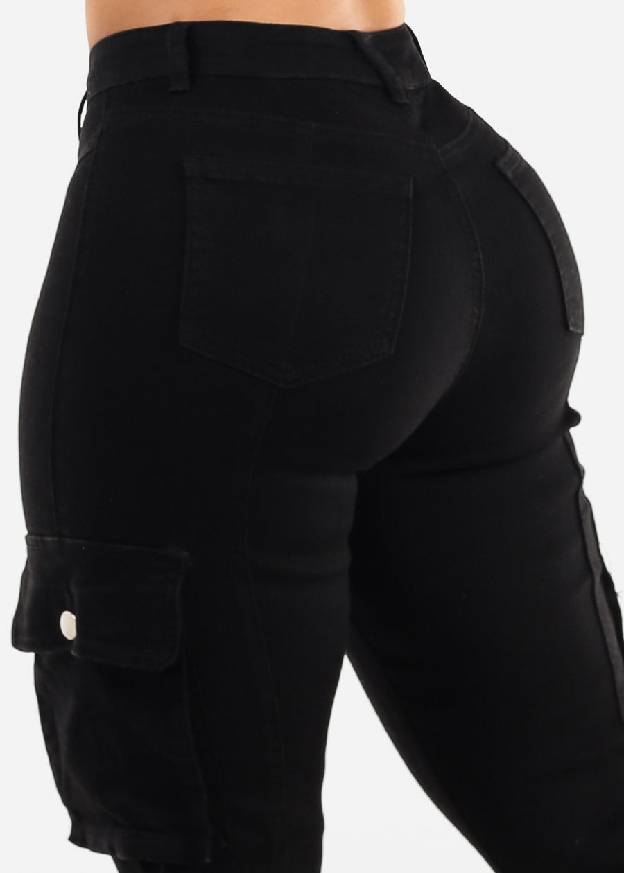 Butt Lift High Waist Straight Cargo Jeans Black