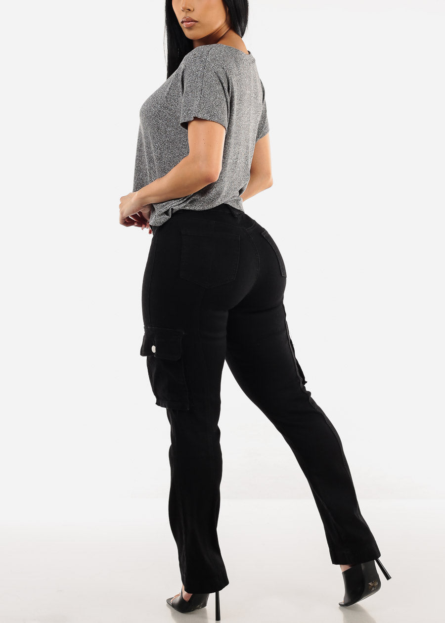 Butt Lift High Waist Straight Cargo Jeans Black