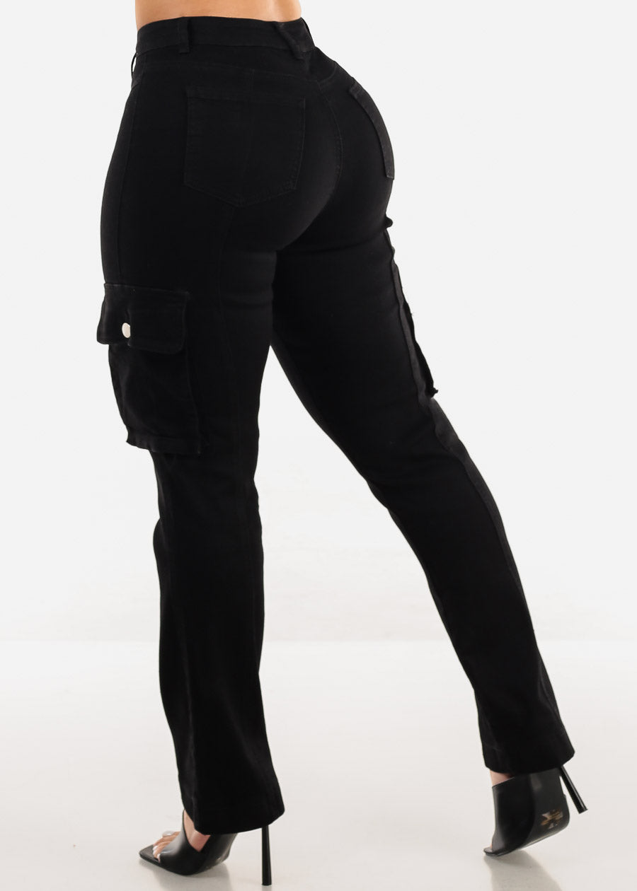 Butt Lift High Waist Straight Cargo Jeans Black