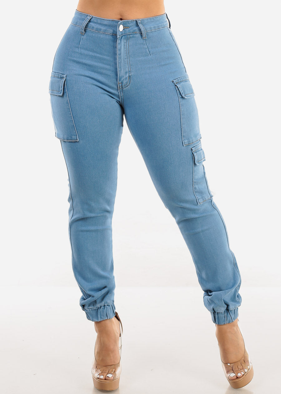 Butt Lift High Waisted Cargo Jogger Jeans Light Blue