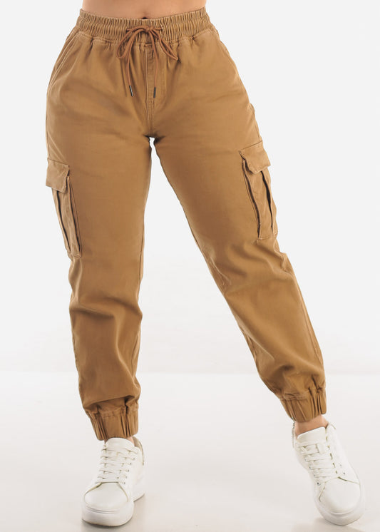 High Waist Hyper Stretch Cuffed Cargo Jogger Pants Khaki